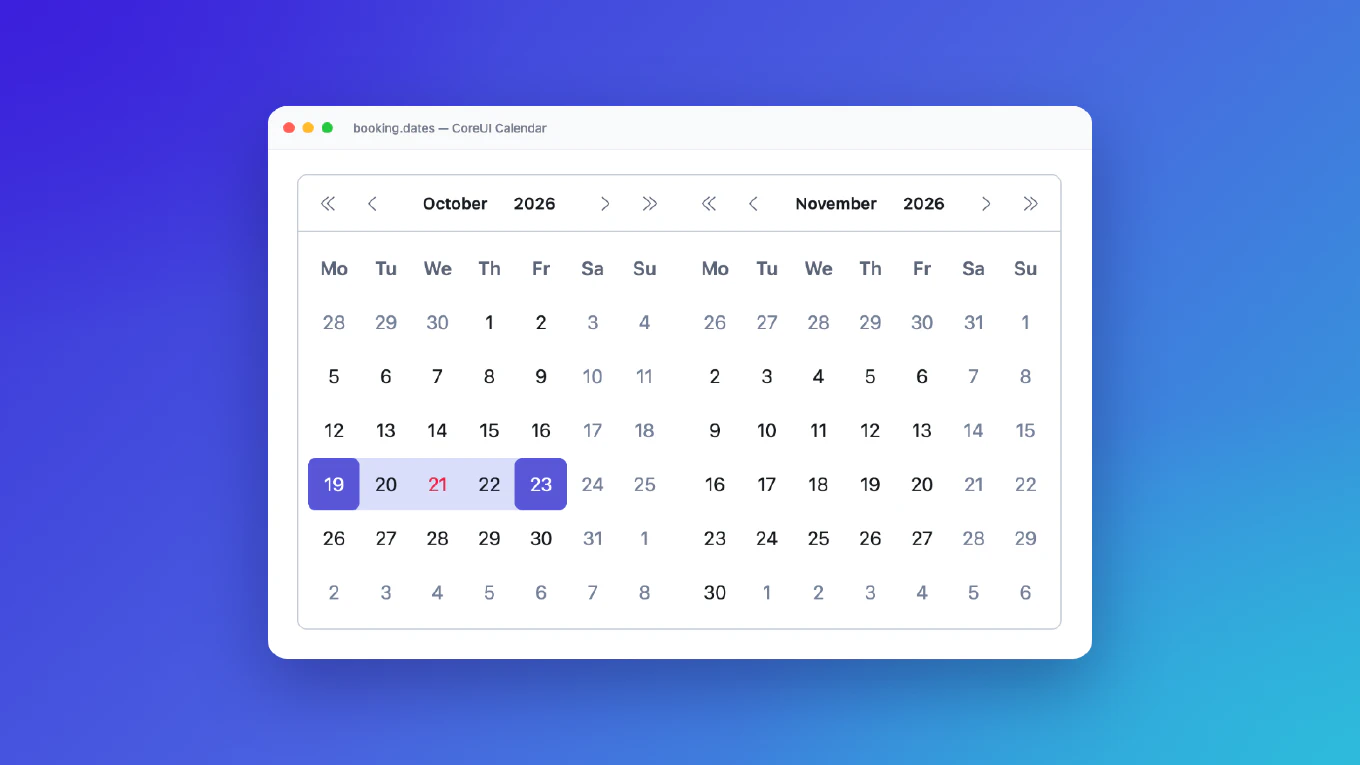 CoreUI Calendar showing October and November 2026, weekends unavailable and a Monday-to-Friday range from October 19 to 23 selected